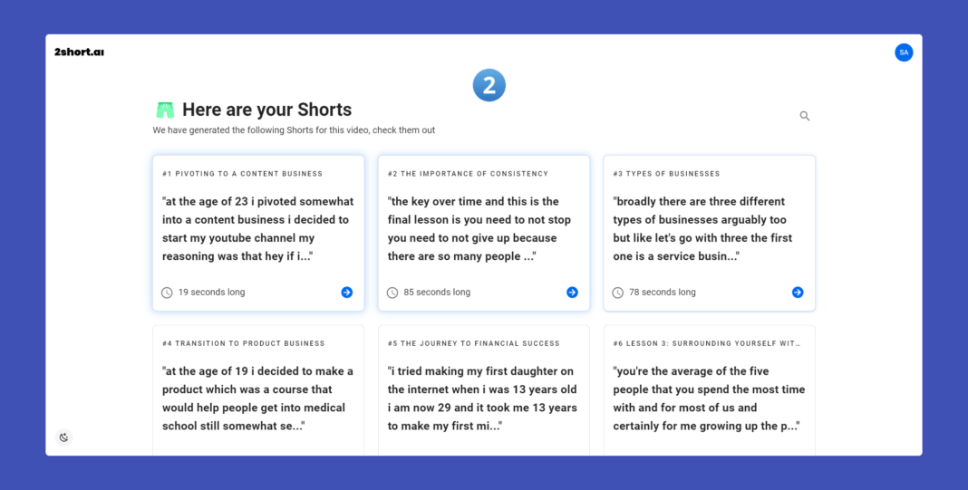 2shorts AI video segments - 2short review demo