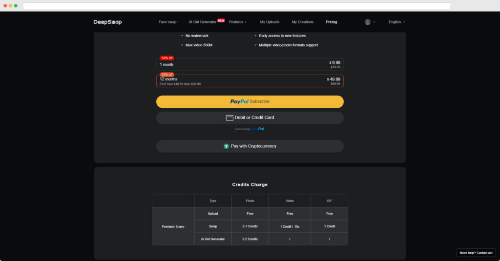 Deepswap AI pricing and free credits