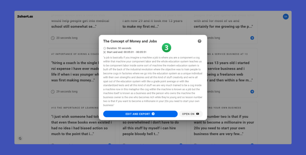 selecting the AI segment to create a YouTube short