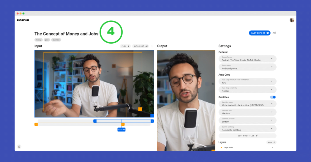 2shorts.ai final demo scree for creating viral youtube shorts