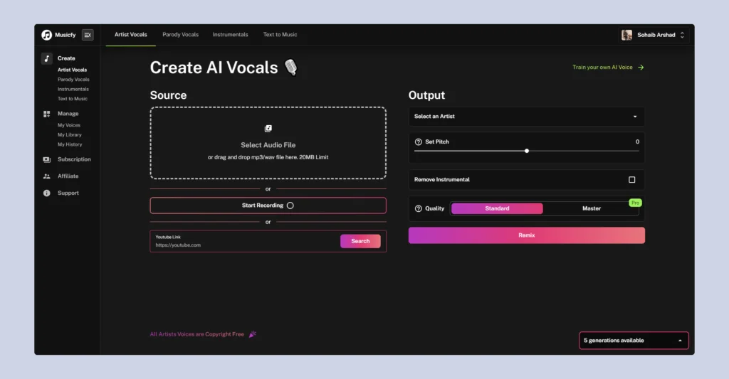 Top AI Tools musicfy AI Vocals