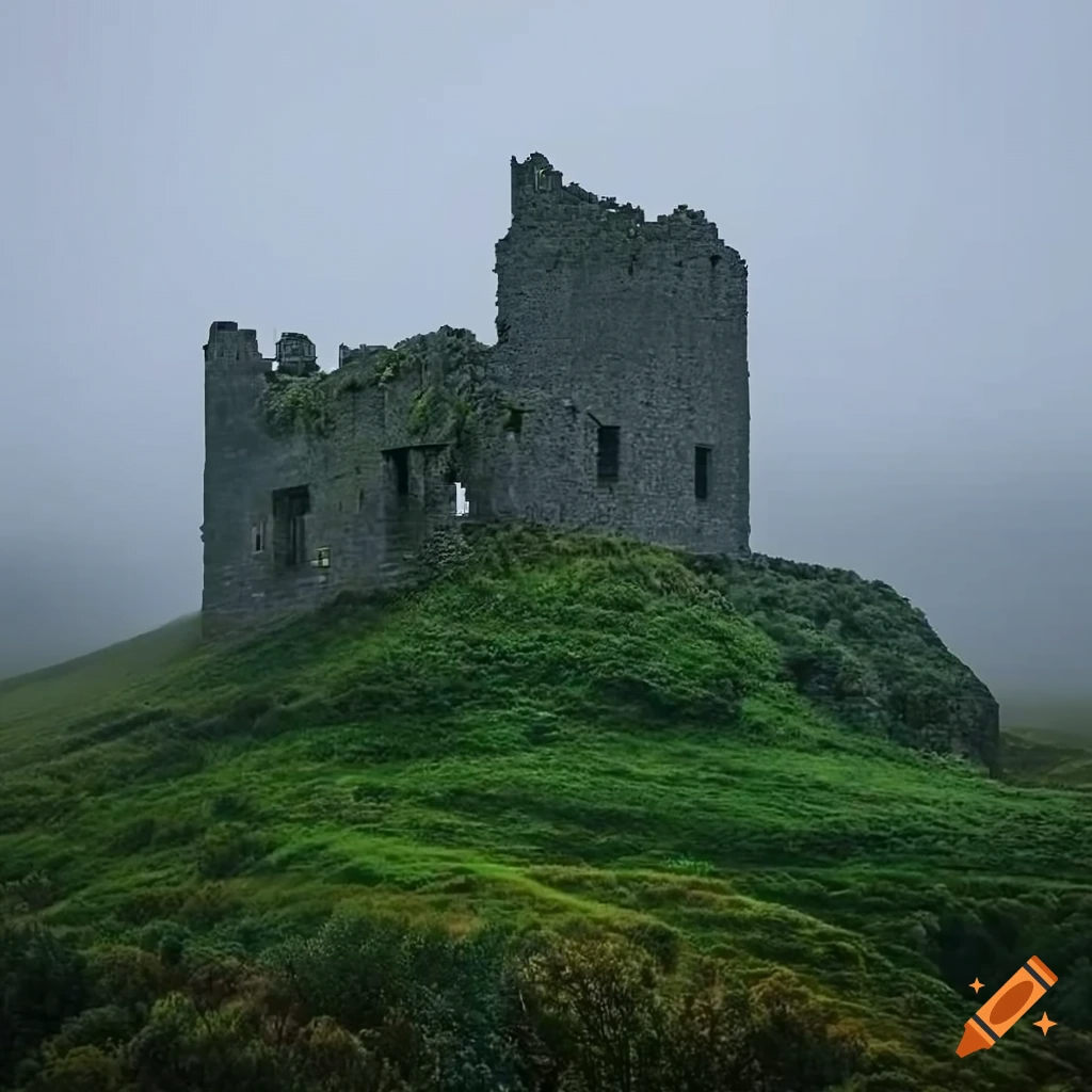 Top AI Tools Misty Scottish highlands landscape with crumbling castle ruins covered in ivy, overcast lighting, melancholy mood - Generated with Craiyon (Formerly DALL E Mini)