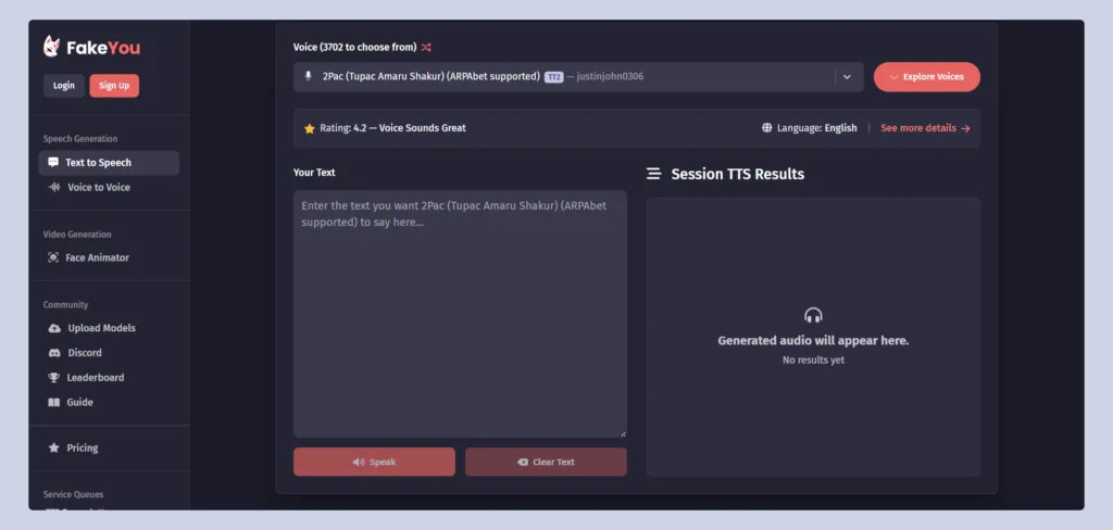 Top AI Tools FakeYou - 2pac AI voice generator free online