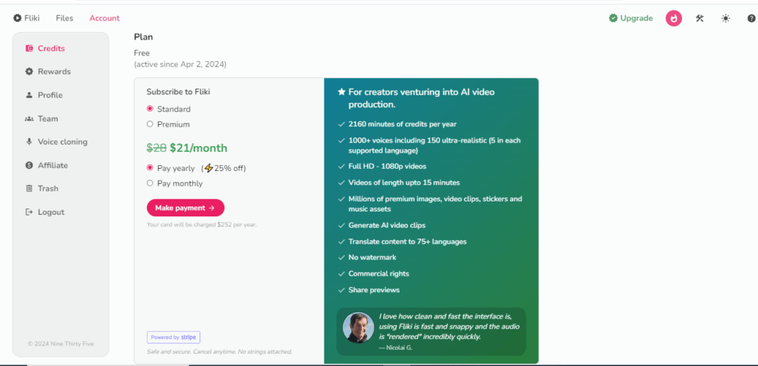 Fliki's payment plan