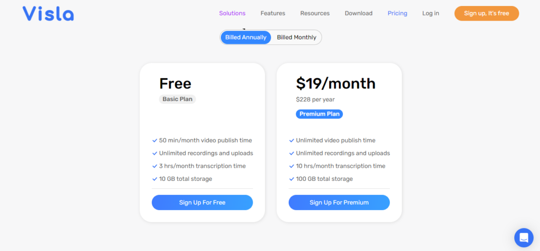 Visla payment plan monthly and annual
